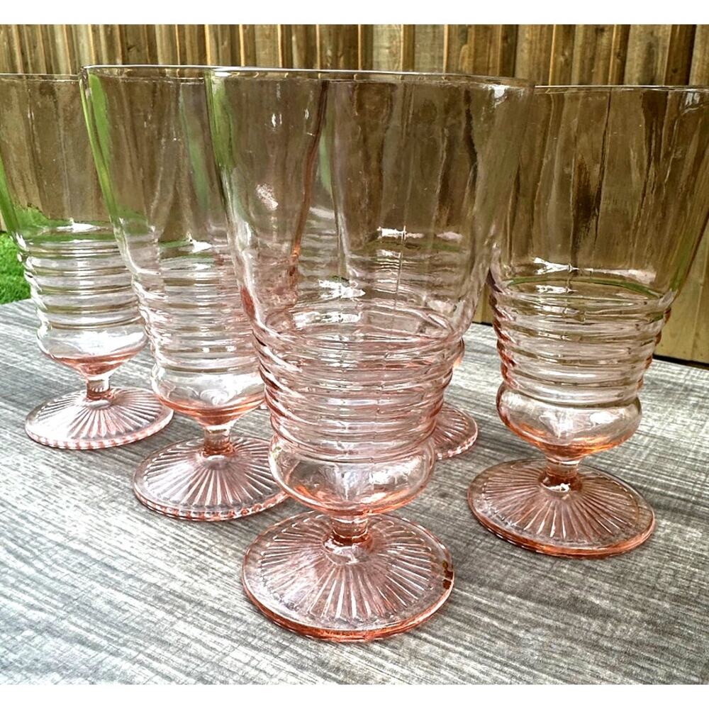 1930's-40's Vintage Pink Depression Glass Footed Soda Fountain Tumblers Set of 5